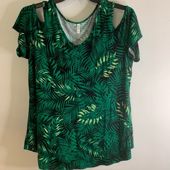 Cathy Palm Tunic Top Womens 2XL Green Flowy Stretch Short Sleeve Cut Outs - Picture 4 of 9